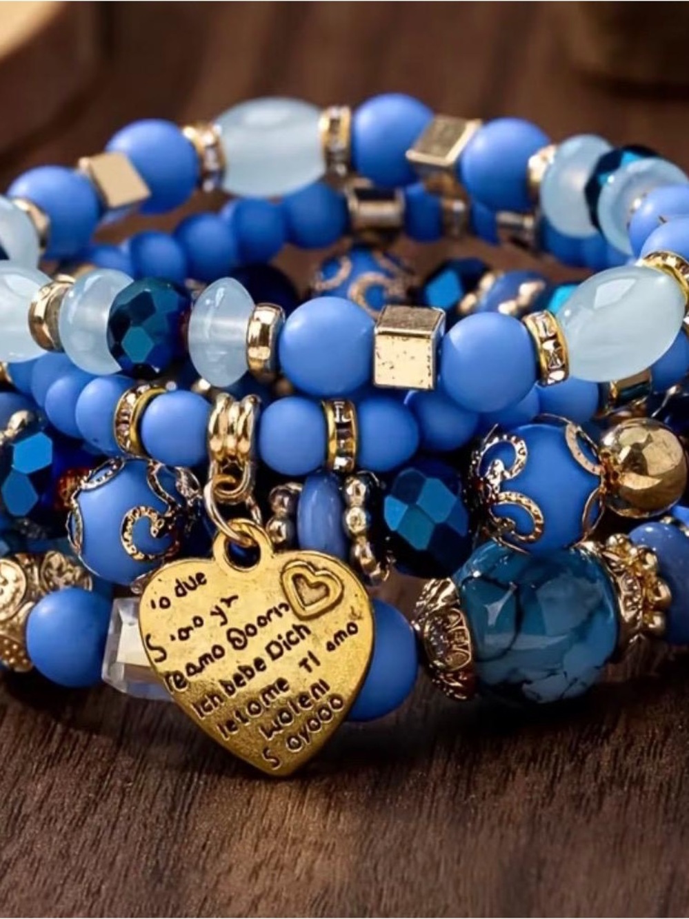 Blue Beaded Charm Bracelet Set with Gold Heart Pendant